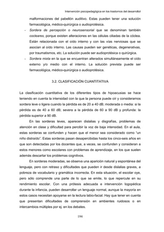 Intervención psicopedagógica en los trastornos del desarrolloI

       malformaciones del pabellón auditivo. Estas pueden tener una solución
       farmacológica, médico-quirúrgica o audioprotésica.
   -   Sordera de percepción o neurosensorial que se denominan también
       cocleares, porque existen alteraciones en las células ciliadas de la cóclea.
       Están relacionada con el oído interno y con las vías nerviosas que se
       asocian al oído interno. Las causas pueden ser genéticas, degenerativas,
       por traumatismos, etc. La solución puede ser audioprotésica o quirúrgica.
   -   Sordera mixta en la que se encuentran alterados simultáneamente el oído
       externo y/o medio con el interno. La solución prevista puede ser
       farmacológica, médico-quirúrgica o audioprotésica.


                      3.2. CLASIFICACIÓN CUANTITATIVA


La clasificación cuantitativa de los diferentes tipos de hipoacusias se hace
teniendo en cuenta la intensidad con la que la persona puede oír y consideramos
sordera leve o ligera cuando la pérdida es de 20 a 40 dB; moderada o media: si la
pérdida es de 40 a 60 dB; severa a la pérdida de 60 a 90 dB y profunda: la
pérdida superior a 90 dB.
       En las sorderas leves, aparecen dislalias y disgrafías, problemas de
atención en clase y dificultad para percibir la voz de baja intensidad. En el aula,
estas sorderas se confunden y hacen que el menor sea considerado como “un
niño distraído”. Estas sorderas pasan desapercibidas hasta los cinco-seis años en
que son detectadas por los docentes que, a veces, se confunden y consideran a
estos menores como escolares con problemas de aprendizaje, en los que suelen
además descartar los problemas cognitivos.
       En sorderas moderadas, se observa una aparición natural y espontánea del
lenguaje, pero con retraso y dificultades que pueden ir desde dislalias graves, a
pobreza de vocabulario y gramática incorrecta. En esta situación, el escolar oye,
pero sólo comprende una parte de lo que se emite, lo que repercute en su
rendimiento escolar. Con una prótesis adecuada e intervención logopédica
durante la infancia, pueden desarrollar un lenguaje normal, aunque la mayoría en
estos casos necesitan apoyarse en la lectura labio-facial. Hay que tener en cuenta
que presentan dificultades de comprensión en ambientes ruidosos o en
intercambios múltiples por ej. en los debates.

                                         194
 