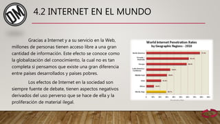 4.2 INTERNET EN EL MUNDO
Gracias a Internet y a su servicio en la Web,
millones de personas tienen acceso libre a una gran
cantidad de información. Este efecto se conoce como
la globalización del conocimiento, la cual no es tan
completa si pensamos que existe una gran diferencia
entre países desarrollados y países pobres.
Los efectos de Internet en la sociedad son
siempre fuente de debate, tienen aspectos negativos
derivados del uso perverso que se hace de ella y la
proliferación de material ilegal.
 