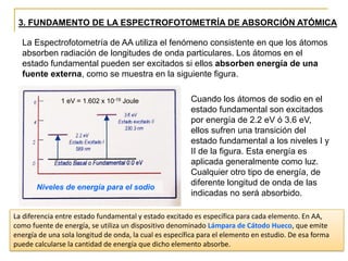 3. FUNDAMENTO DE LA ESPECTROFOTOMETRÍA DE ABSORCIÓN ATÓMICA
La Espectrofotometría de AA utiliza el fenómeno consistente en que los átomos
absorben radiación de longitudes de onda particulares. Los átomos en el
estado fundamental pueden ser excitados si ellos absorben energía de una
fuente externa, como se muestra en la siguiente figura.
Niveles de energía para el sodio
Cuando los átomos de sodio en el
estado fundamental son excitados
por energía de 2.2 eV ó 3.6 eV,
ellos sufren una transición del
estado fundamental a los niveles I y
II de la figura. Esta energía es
aplicada generalmente como luz.
Cualquier otro tipo de energía, de
diferente longitud de onda de las
indicadas no será absorbido.
1 eV = 1.602 x 10-19 Joule
La diferencia entre estado fundamental y estado excitado es específica para cada elemento. En AA,
como fuente de energía, se utiliza un dispositivo denominado Lámpara de Cátodo Hueco, que emite
energía de una sola longitud de onda, la cual es específica para el elemento en estudio. De esa forma
puede calcularse la cantidad de energía que dicho elemento absorbe.
 