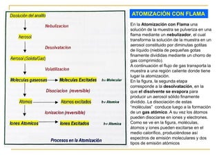 En la Atomización con Flama una
solución de la muestra se pulveriza en una
flama mediante un nebulizador, el cual
transforma la solución de la muestra en un
aerosol constituido por diminutas gotitas
de líquido (niebla de pequeñas gotas
finamente divididas mediante un chorro de
gas comprimido).
A continuación el flujo de gas transporta la
muestra a una región caliente donde tiene
lugar la atomización.
En la figura, la segunda etapa
corresponde a la desolvatación, en la
que el disolvente se evapora para
producir un aerosol sólido finamente
dividido. La disociación de estas
“moléculas” conduce luego a la formación
de un gas atómico. A su vez los átomos
pueden disociarse en iones y electrones.
Como se ve en la figura, moléculas,
átomos y iones pueden excitarse en el
medio calorífico, produciéndose así
espectros de emisión moleculares y dos
tipos de emisión atómicos
ATOMIZACIÓN CON FLAMA
 