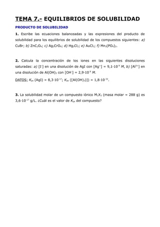 TEMA 7.- EQUILIBRIOS DE SOLUBILIDAD
PRODUCTO DE SOLUBILIDAD
1. Escribe las ecuaciones balanceadas y las expresiones del producto de
solubilidad para los equilibrios de solubilidad de los compuestos siguientes: a)
CuBr; b) ZnC2O4; c) Ag2CrO4; d) Hg2Cl2; e) AuCl3; f) Mn3(PO4)2.
2. Calcula la concentración de los iones en las siguientes disoluciones
saturadas: a) [I-
] en una disolución de AgI con [Ag+
] = 9,1·10-9
M, b) [Al3+
] en
una disolución de Al(OH)3 con [OH-
] = 2,9·10-9
M.
DATOS: Kps (AgI) = 8,3·10-17
; Kps ([Al(OH)3)]) = 1,8·10-33
.
3. La solubilidad molar de un compuesto iónico M2X3 (masa molar = 288 g) es
3,6·10-17
g/L. ¿Cuál es el valor de Kps del compuesto?
 