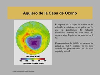 Agujero de la Capa de Ozono

                                       El espesor de la capa de ozono se ha
                                       reducido al máximo en los polos, por lo
                                       que la penetración de radiación
                                       ultravioleta aumente en estas zonas. El
                                       espesor sobre España se ha reducido un 8
                                       %.

                                       Como resultado ha habido un aumento de
                                       cáncer de piel y cataratas en los ojos,
                                       además de perturbaciones en la vida
                                       vegetal y animal.




Fuente: Ministerio de Medio Ambiente
 