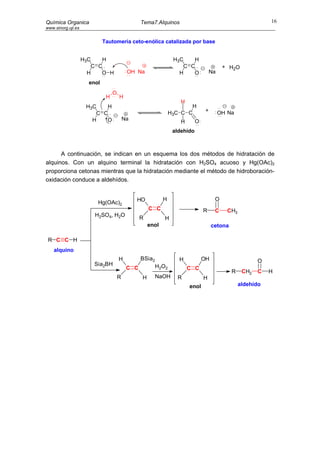 Química Organica                                 Tema7.Alquinos                                              16
www.sinorg.uji.es


                             Tautomería ceto-enólica catalizada por base


                    H3C   H                                      H3C   H
                       C C                                          C C                    + H2O
                      H   O H              OH Na                   H   O             Na

                      enol
                                  O
                              H       H
                                                                    H
                     H3C   H                                           H
                                                                H3C C C          +        OH Na
                        C C
                       H   O              Na                                O
                                                                    H
                                                                 aldehído



      A continuación, se indican en un esquema los dos métodos de hidratación de
alquinos. Con un alquino terminal la hidratación con H2SO4 acuoso y Hg(OAc)2
proporciona cetonas mientras que la hidratación mediante el método de hidroboración-
oxidación conduce a aldehídos.


                                               HO           H                         O
                         Hg(OAc)2
                                                     C C                        R     C     CH3
                        H2SO4, H2O
                                                 R          H
                                                     enol                            cetona

 R C C H
    alquino
                                      H          BSia2             H            OH                       O
                        Sia2BH                           H2O2
                                           C C                          C C
                                                                                              R    CH2   C   H
                                      R          H       NaOH     R             H
                                                                        enol                      aldehído
 