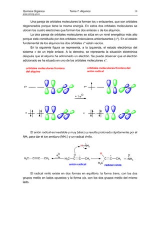 Química Orgánica                      Tema 7. Alquinos                                        19
www.sinorg.uji.es


      Una pareja de orbitales moleculares la forman los π enlazantes, que son orbitales
degenerados porque tiene la misma energía. En estos dos orbitales moleculares se
ubican los cuatro electrones que forman los dos enlaces π de los alquinos.
      La otra pareja de orbitales moleculares se sitúa en un nivel energético más alto
porque está constituida por dos orbitales moleculares antienlazantes (π*). En el estado
fundamental de los alquinos los dos orbitales π* están vacíos.
      En la siguiente figura se representa, a la izquierda, el estado electrónico del
sistema π de un triple enlace. A la derecha, se representa la situación electrónica
después que el alquino ha adicionado un electrón. Se puede observar que el electrón
adicionado se ha situado en uno de los orbitales moleculares π*.

   orbitales moleculares frontera                      orbitales moleculares frontera del
   del alquino                                         anión radical




 π∗                                               π∗


                                          +1e




  π                                               π




     El anión radical es inestable y muy básico y resulta protonado rápidamente por el
NH3 para dar el ion amiduro (NH2-) y un radical vinilo.


                                              H NH2

                                                                 H
                          e
 H3C     C     C    CH3             H3C   C   C       CH3            C   C    CH3     + NH2
                                      anión radical            H3C
                                                                     radical vinilo


      El radical vinilo existe en dos formas en equilibrio: la forma trans, con los dos
grupos metilo en lados opuestos y la forma cis, con los dos grupos metilo del mismo
lado.
 
