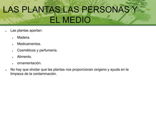 LAS PLANTAS LAS PERSONAS Y
EL MEDIO
● Las plantas aportan:
● Madera.
● Medicamentos.
● Cosméticos y perfumería.
● Alimento.
● ornamentación.
● No hay que olvidar que las plantas nos proporcionan oxígeno y ayuda en la
limpieza de la contaminación.
 