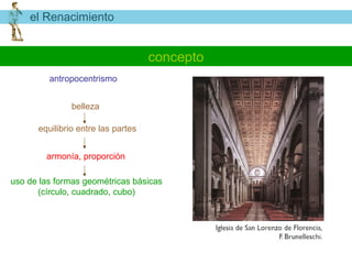 el Renacimiento


                                    concepto
         antropocentrismo


               belleza

      equilibrio entre las partes


        armonía, proporción

uso de las formas geométricas básicas
      (círculo, cuadrado, cubo)
 