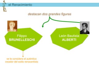el Renacimiento

                     destacan dos grandes figuras




      Filippo                            León Bautista
   BRUNELLESCHI                            ALBERTI




 se le considera el auténtico
creador del estilo renacentista
 