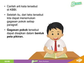 • Carilah arti kata tersebut
di KBBI.
• Setelah itu, dari teks tersebut
kita dapat menemukan
gagasan pokok setiap
paragraf.
• Gagasan pokok tersebut
dapat disajikan dalam bentuk
peta pikiran.
 