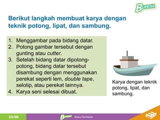 1. Menggambar pada bidang datar.
2. Potong gambar tersebut dengan
gunting atau cutter.
3. Setelah bidang datar dipotong-
potong, bidang datar tersebut
disambung dengan menggunakan
perekat seperti lem, double tape,
selotip, atau perekat lainnya.
4. Karya seni selesai dibuat.
Berikut langkah membuat karya dengan
teknik potong, lipat, dan sambung.
Karya dengan teknik
potong, lipat, dan
sambung.
 