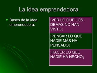 La idea emprendedora Bases de la idea emprendedora: ¡HACER LO QUE NADIE HA HECHO¡ ¡PENSAR LO QUE NADIE MÁS HA PENSADO¡ ¡VER LO QUE LOS DEMÁS NO HAN VISTO¡