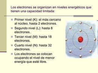 Los electrones se organizan en niveles energéticos que
tienen una capacidad limitada:
 Primer nivel (K): el más cercano
al núcleo, hasta 2 electrones.
 Segundo nivel (L): hasta 8
electrones.
 Tercer nivel (M): hasta 18
electrones.
 Cuarto nivel (N): hasta 32
electrones.
 Los electrones se colocan
ocupando el nivel de menor
energía que esté libre.
 