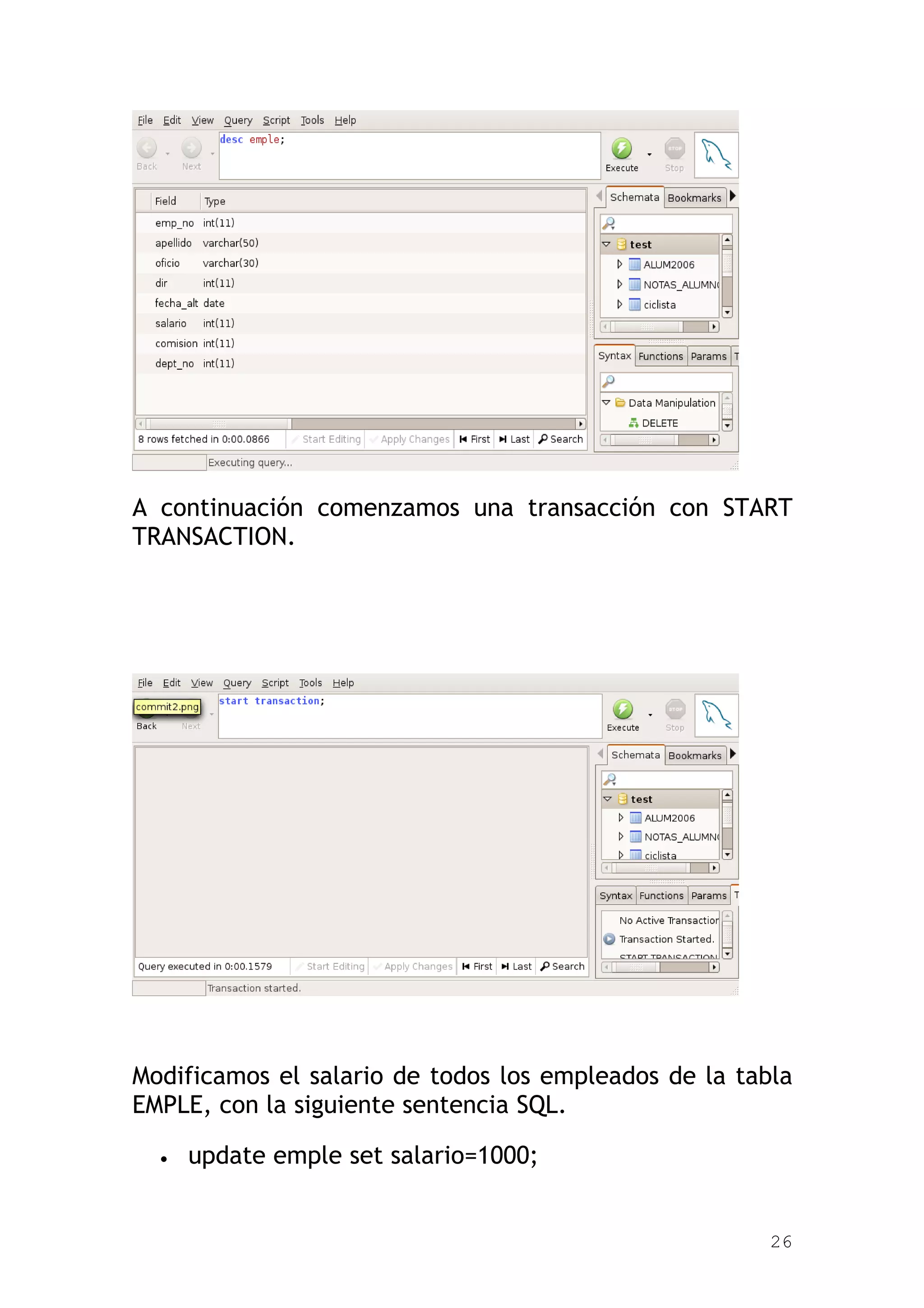 A continuación comenzamos una transacción con START
TRANSACTION.




Modificamos el salario de todos los empleados de la tabla
EMPLE, con la siguiente sentencia SQL.

  •   update emple set salario=1000;


                                                       26
 