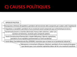 OPOSICIÓ POLÍTICA
Anarquistes nihilistes (Kropotkin): partidaris del terrorisme dels camperols per acabar amb l’explotació
 Populistes o narodniki: partidaris d’una revolució social camperola que col·lectivitzara la terra
Socialrevolucionaris o eserites (Kerenski): hereus dels anteriors, volen una
          societat col·lectivista, recolzats pels camperols pobres
 Partit Constitucional Democràtic o kadet (Milyukov): liberals capitalistes,
         partidaris d’una república parlamentària a l’estil occidental
 Partit Obrer Socialdemòcrata Rus (POSDR): marxistes que es basen en el proletariat industrial
                        Menxevics o minoritaris (Plejanov, Martov): partidaris d’una revolució burgesa
                        que donara pas a una societat capitalista abans de fer una revolució socialista
 