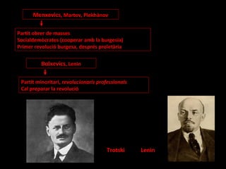 Menxevics, Martov, Plekhànov

Partit obrer de masses
Socialdemòcrates (cooperar amb la burgesia)
Primer revolució burgesa, després proletària


          Bolxevics, Lenin

 Partit minoritari, revolucionaris professionals
 Cal preparar la revolució




                                       Trotski     Lenin
 
