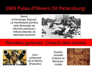 Gener,
   el Diumenge Sagnant.
  La manifestació pacífica
     amb demandes de
    reformes polítiques i
    millores laborals, és
    reprimida durament


Revoltes generals. Creació dels soviets
                                  Soviets:
                     Juny.        consells
                  sublevació    d’obrers en
                 de la Marina   fàbriques i
                  (Potemkin)       ciutats
 