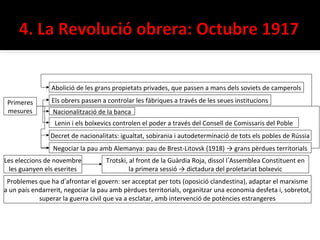 Abolició de les grans propietats privades, que passen a mans dels soviets de camperols

 Primeres       Els obrers passen a controlar les fàbriques a través de les seues institucions
 mesures         Nacionalització de la banca
                 Lenin i els bolxevics controlen el poder a través del Consell de Comissaris del Poble
                Decret de nacionalitats: igualtat, sobirania i autodeterminació de tots els pobles de Rússia
                 Negociar la pau amb Alemanya: pau de Brest-Litovsk (1918) → grans pèrdues territorials
Les eleccions de novembre          Trotski, al front de la Guàrdia Roja, dissol l’Assemblea Constituent en
 les guanyen els eserites                   la primera sessió → dictadura del proletariat bolxevic
 Problemes que ha d’afrontar el govern: ser acceptat per tots (oposició clandestina), adaptar el marxisme
a un país endarrerit, negociar la pau amb pèrdues territorials, organitzar una economia desfeta i, sobretot,
            superar la guerra civil que va a esclatar, amb intervenció de potències estrangeres
 