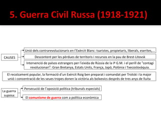 Unió dels contrarevolucionaris en l’Exèrcit Blanc: tsaristes, propietaris, liberals, eserites,...
 CAUSES               Descontent per les pèrdues de territoris i recursos en la pau de Brest-Litovsk
                Intervenció de països estrangers per l’eixida de Rússia de la Iª G.M. i el perill de “contagi
                   revolucionari”: Gran Bretanya, Estats Units, França, Japó, Polònia i Txecoslovàquia.
   El recolzament popular, la formació d’un Exèrcit Roig ben preparat i comandat per Trotski i la major
   unió i concentració de les seues tropes donen la victòria als bolxevics després de tres anys de lluita

               Persecució de l’oposició política (tribunals especials)
La guerra
 suposa:
                El comunisme de guerra com a política econòmica
 