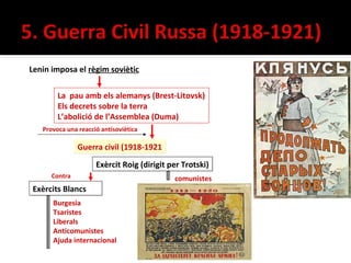 Lenin imposa el règim soviètic

        La pau amb els alemanys (Brest-Litovsk)
        Els decrets sobre la terra
        L’abolició de l’Assemblea (Duma)
   Provoca una reacció antisoviètica

               Guerra civil (1918-1921

                     Exèrcit Roig (dirigit per Trotski)
      Contra                                comunistes
Exèrcits Blancs
      Burgesia
      Tsaristes
      Liberals
      Anticomunistes
      Ajuda internacional
 