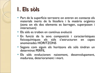 1. Els sòls   Part de la superfície terrestre on entren en contacte els materials inerts de la litosfera i la matèria orgànica (zona on els dos elements es barregen, superposen i interactuen) Els sòls es troben en contínua evolució En funció de la seva composició i característiques fisicoquímiques els sòls s’estructuren en capes anomenades HORITZONS Segons com siguin els horitzons els sòls tindran un determinat PERFIL  Els sòls evolucionen: naixement, desenvolupament, maduresa, deteriorament i mort.  