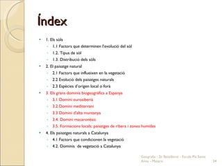 Índex 1. Els sòls 1.1 Factors que determinen l’evolució del sòl 1.2. Tipus de sòl 1.3. Distribució dels sòls 2. El paisatge natural 2.1 Factors que influeixen en la vegetació 2.2 Evolució dels paisatges naturals 2.3 Espècies d’origen local o forà 3. Els grans dominis biogeogràfics a Espanya 3.1 Domini eurosiberià 3.2 Domini mediterrani 3.3 Domini d’alta muntanya 3.4. Domini macaronèsic 3.5. Formacions locals: paisatges de ribera i zones humides 4. Els paisatges naturals a Catalunya 4.1 Factors que condicionen la vegetació 4.2. Dominis  de vegetació a Catalunya  Geografia - 2n Batxillerat - Escola Pia Santa Anna - Mataró 