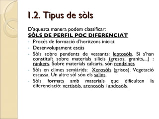 1.2. Tipus de sòls D’aquesta manera podem classificar: SÒLS DE PERFIL POC DIFERENCIAT Procés de formació d’horitzons iniciat Desenvolupament escàs Sòls sobre pendents de vessants:  leptosòls . Si s’han constituït sobre materials silicis (gresos, granits,...) :  rànkers . Sobre materials calcaris, són  rendzines   Sòls en climes semiàrids:  Xerosòls  (grisos). Vegetació escassa. Un altre sòl són els  salins .  Sòls formats amb materials que dificulten la diferenciació:  vertisòls ,  arenosòls  i  andosòls .  