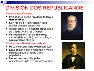 DIVISIÓN DOS REPUBLICANOS Republicanos Federais: Partidadrios dunha república federal e  democrática . Non rexeitan a insurrección para acadar os seus obxectivos Apoios entre a a pequena burguesía e as clases populares urbanas Revindicacións sociais (salarios, xornada laboral, etc) que os achegan ó movemento obreiro Republicanos Unitarios ou radicais Republica centralista e democrática Maís apoios entre a pequena e media burguesía que entre as claes populares. Menos preocupación polas revindicacións do  movemento obreiro 