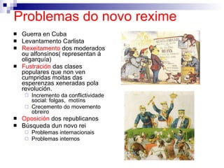 Problemas do novo rexime Guerra en Cuba Levantamento Carlista Rexeitamento  dos moderados ou alfonsinos( representan á oligarquía) Fustración  das clases populares que non ven cumpridas moitas das esperenzas xeneradas pola revolución.  Incremento da conflictividade social: folgas,  motíns Crecemento do movemento obreiro Oposición  dos republicanos Búsqueda dun novo rei Problemas internacionais Problemas internos 