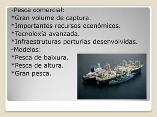 -Pesca comercial:
*Gran volume de captura.
*Importantes recursos económicos.
*Tecnoloxía avanzada.
*Infraestruturas porturias desenvolvidas.
-Modelos:
*Pesca de baixura.
*Pesca de altura.
*Gran pesca.
 