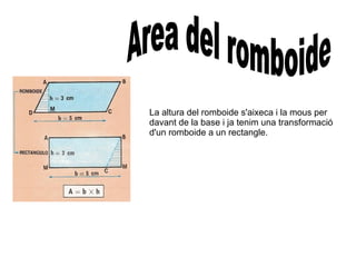 La altura del romboide s'aixeca i la mous per
davant de la base i ja tenim una transformació
d'un romboide a un rectangle.
 