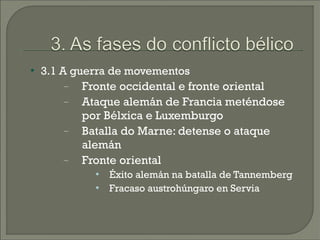   3.1 A guerra de movementos
         −  Fronte occidental e fronte oriental
         −  Ataque alemán de Francia meténdose
            por Bélxica e Luxemburgo
         −  Batalla do Marne: detense o ataque
            alemán
         −  Fronte oriental
             
                 Éxito alemán na batalla de Tannemberg
                Fracaso austrohúngaro en Servia
 