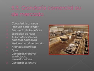 -    Características xerais
1.   Producir para vender
2.   Búsqueda de beneficios
3.   Selección de razas
4.   Automatización dos
     procesos produtivos
5.   Melloras na alimentación
6.   Avances científicos
-    Tipos
1.   Gandaría intensiva:
     estabulada,
     semiestabulada
2.   Gandaría extensiva
 