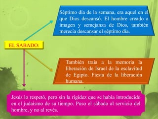 Séptimo día de la semana, era aquel en el
                       que Dios descansó. El hombre creado a
                       imagen y semejanza de Dios, también
                       merecía descansar el séptimo día.

EL SABADO:


                          También traía a la memoria la
                          liberación de Israel de la esclavitud
                          de Egipto. Fiesta de la liberación
                          humana.


Jesús lo respetó, pero sin la rigidez que se había introducido
en el judaísmo de su tiempo. Puso el sábado al servicio del
hombre, y no al revés.
 