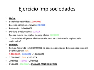 Ejercicio imp sociedades
• Datos:
• Beneficios obtenidos: 1.200.000€
• Bases imponibles negativas: 200.000€
• Facturacion: 9.000.000€
• Derecho a deducciones: 10.000€
• Pagos a cuenta que realizo durante el año: 160.000€
• Cuanto debera ingresar a la cuenta tributaria en concepto del impuesto de
sociedades?
• Solucion:
• Como a facturado + de 8.000.000€ no podemos considerar dimension reducida asi
que tributara el 30%
• 1.200.000€ - 200.000€ = 1.000.000€
• 1.000.000€ * 30% = 300.000€
• 300.000€ - 10.000 = 290.000€
• 290.000€ - 160.000€ = 130.000€ CANTIDAD FINAL
 
