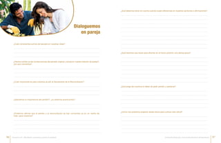 Dialoguemos
en pareja
¿Cuán conscientes somos del pecado en nuestras vidas?
¿Hemos sufrido ya las consecuencias del pecado original y actual en nuestra relación de pareja?,
¿en qué momentos?
¿Podemos afirmar que el perdón y la reconciliación se han convertido ya en un «estilo de
vida» para nosotros?
¿Cuán importante es para nosotros acudir al Sacramento de la Reconciliación?
¿Valoramos la importancia del perdón?, ¿lo estamos practicando?
¿Qué debemos tener en cuenta cuando surjan diferencias en nuestras opiniones o afirmaciones?
¿Qué tenemos que hacer para afrontar en el futuro próximo una ofensa grave?
¿Qué exige de nosotros el deber de pedir perdón y perdonar?
¿Cómo nos podemos preparar desde ahora para cultivar esta virtud?
96 97El misterio del pecado y la reconciliación dentro del matrimonioEncuentro III: «Matrimonio, sacramento y fuente de santidad»
 