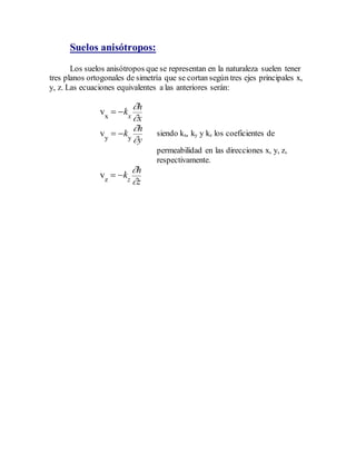 Suelos anisótropos: 
Los suelos anisótropos que se representan en la naturaleza suelen tener 
tres planos ortogonales de simetría que se cortan según tres ejes principales x, 
y, z. Las ecuaciones equivalentes a las anteriores serán: 
v 
x 
 k 
h 
 
 
x x 
 k 
v 
y y 
h 
y 
 
 
siendo kx, ky y kz los coeficientes de 
permeabilidad en las direcciones x, y, z, 
respectivamente. 
v 
z 
 k 
h 
 
 
z z 
