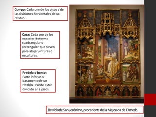 RetablodeSanJerónimo,procedentedelaMejoradadeOlmedo.
Casa: Cada uno de los
espacios de forma
cuadrangular o
rectangular que sirven
para alojar pinturas o
esculturas.
Predela o banco:
Parte inferior o
basamento de un
retablo. Puede estar
dividido en 2 pisos.
Cuerpo: Cada uno de los pisos o de
las divisiones horizontales de un
retablo.
 