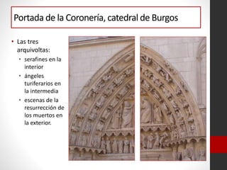 Portada de la Coronería, catedral de Burgos
• Las tres
arquivoltas:
• serafines en la
interior
• ángeles
turiferarios en
la intermedia
• escenas de la
resurrección de
los muertos en
la exterior.
 