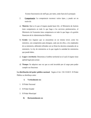 Existen funcionarios de staff que, por tanto, están fuera de la jerarquía
2. Competencia: La competencia reconoce varios tipos, y puede ser en
razón de:
a) Materia: Qué es lo que el órgano puede hacer (Ej.: el Ministerio de Justicia
tiene competencia en todo lo que haga a los servicios penitenciarios, el
Ministerio de Economía tiene competencia en todo lo que haga a la gestión
financiera de la Administración Pública).
b) Grado: Los órganos que se encuentran en un mismo nivel, como los
ministros, son competentes para designar, cada uno de ellos, a los empleados
de su ministerio, debiendo refrendar con su firma los decretos emanados de su
ministerio. La ley de ministerios es la que regula la cantidad de ministerios
que puede haber.
c) Lugar o territorio: Determina el ámbito territorial en el cual el órgano tiene
aptitud legal para actuar.
d) Tiempo: Se adquiere una vez que se está investido por el cargo para poder
cumplir sus funciones
La distribución del poder público nacional. Según el Art. 136 C.R.B.V. El Poder
Público se distribuye entre:
I. Verticalmente en:
1. El Poder Nacional
2. El Poder Estadal
3. El Poder Municipal
II. Horizontalmente en:
 