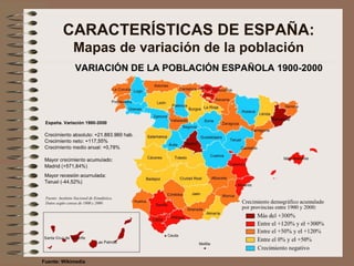 CARACTERÍSTICAS DE ESPAÑA:
Mapas de variación de la población
Fuente: Wikimedia
 