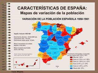 CARACTERÍSTICAS DE ESPAÑA:
Mapas de variación de la población
Fuente: Wikipedia
 