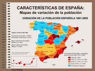CARACTERÍSTICAS DE ESPAÑA:
Mapas de variación de la población
Fuente: Wikipedia
 