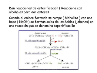 Dan reacciones de esterificación ( Reacciona con
alcoholes para dar esteres
Cuando el enlace formado se rompe ( hidroliza ) con una
base ( NaOH) se forman sales de los ácidos (jabones) en
una reacción que se denomina saponificación
CIC JULIO SÁNCHEZ MATAS
 