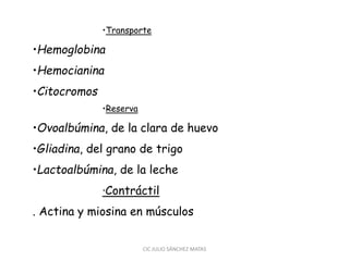 •Transporte
•Hemoglobina
•Hemocianina
•Citocromos
•Reserva
•Ovoalbúmina, de la clara de huevo
•Gliadina, del grano de trigo
•Lactoalbúmina, de la leche
·Contráctil
. Actina y miosina en músculos
CIC JULIO SÁNCHEZ MATAS
 