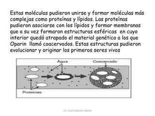Estas moléculas pudieron unirse y formar moléculas más
complejas como proteínas y lípidos. Las proteínas
pudieron asociarse con los lípidos y formar membranas
que a su vez formaron estructuras esféricas en cuyo
interior quedó atrapado el material genético a los que
Oparin llamó coacervados. Estas estructuras pudieron
evolucionar y originar los primeros seres vivos
CIC JULIO SÁNCHEZ MATAS
 