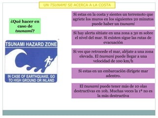 UN TSUNAMI SE ACERCA A LA COSTA
¿Qué hacer en
caso de
tsunami?
Si estas en la costa y sientes un terremoto que
agriete los muros en los siguientes 20 minutos
puede haber un tsunami
Si hay alerta sitúate en una zona a 30 m sobre
el nivel del mar. Si existen sigue las rutas de
evacuación
Si ves que retrocede el mar, aléjate a una zona
elevada. El tsumani puede llegar a una
velocidad de 100 km/h
Si estas en un embarcación dirígete mar
adentro.
El tsunami puede tener más de 10 olas
destructivas en 10h. Muchas veces la 1ª no es
la más destructiva
 