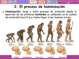 GEOGRAFÍA E HISTORIA 1.º ESO
TEMA 8
INICIOINICIO
MAPA
DEL TEMA
MAPA
DEL TEMA
ANIMACIONESANIMACIONES INTERNETINTERNET TEXTOSTEXTOSTEXTOS
ESQUEMAS
Y ACTIVIDADES
ESQUEMAS
Y ACTIVIDADES
 Hominización: largo y lento proceso de evolución desde la
aparición de los primeros homínidos (o eslabones en la cadena
de evolución) hace 5 m.a. hasta llegar al ser humano actual.
2. El proceso de hominización
 