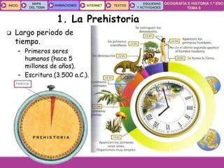 GEOGRAFÍA E HISTORIA 1.º ESO
TEMA 8
INICIOINICIO
MAPA
DEL TEMA
MAPA
DEL TEMA
ANIMACIONESANIMACIONES INTERNETINTERNET TEXTOSTEXTOSTEXTOS
ESQUEMAS
Y ACTIVIDADES
ESQUEMAS
Y ACTIVIDADES
 Largo periodo de
tiempo.
– Primeros seres
humanos (hace 5
millones de años).
– Escritura (3.500 a.C.).
1. La Prehistoria
 