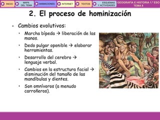 GEOGRAFÍA E HISTORIA 1.º ESO
TEMA 8
INICIOINICIO
MAPA
DEL TEMA
MAPA
DEL TEMA
ANIMACIONESANIMACIONES INTERNETINTERNET TEXTOSTEXTOSTEXTOS
ESQUEMAS
Y ACTIVIDADES
ESQUEMAS
Y ACTIVIDADES
- Cambios evolutivos:
• Marcha bípeda  liberación de las
manos.
• Dedo pulgar oponible  elaborar
herramientas.
• Desarrollo del cerebro 
lenguaje verbal.
• Cambios en la estructura facial 
disminución del tamaño de las
mandíbulas y dientes.
• Son omnívoros (a menudo
carroñeros).
2. El proceso de hominización
 