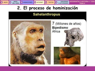 GEOGRAFÍA E HISTORIA 1.º ESO
TEMA 8
INICIOINICIO
MAPA
DEL TEMA
MAPA
DEL TEMA
ANIMACIONESANIMACIONES INTERNETINTERNET TEXTOSTEXTOSTEXTOS
ESQUEMAS
Y ACTIVIDADES
ESQUEMAS
Y ACTIVIDADES
2. El proceso de hominización
 