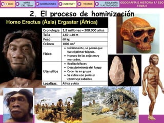 GEOGRAFÍA E HISTORIA 1.º ESO
TEMA 8
INICIOINICIO
MAPA
DEL TEMA
MAPA
DEL TEMA
ANIMACIONESANIMACIONES INTERNETINTERNET TEXTOSTEXTOSTEXTOS
ESQUEMAS
Y ACTIVIDADES
ESQUEMAS
Y ACTIVIDADES09
Cronología 1,8 millones – 300.000 años
Talla 1,60-1,80 m
Peso 60 kg
Cráneo 1000 cm3
Físico
 Inicialmente, se pensó que
fue el primer bípedo.
 Huesos de las cejas muy
marcados.
Utensilios
 Realiza bifaces
 Descubrimiento del fuego
 Cacerías en grupo
 Se cubre con pieles y
construye cabañas
Localizac. África y Asia
2. El proceso de hominización
 
